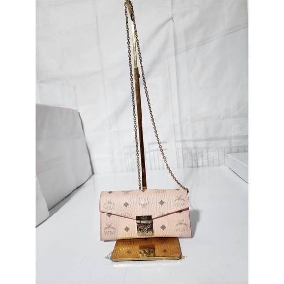 Authentic MCM Visetos Large Patricia Wallet On Chain/Crossbody Bag Powder Pink - Picture 1 of 16